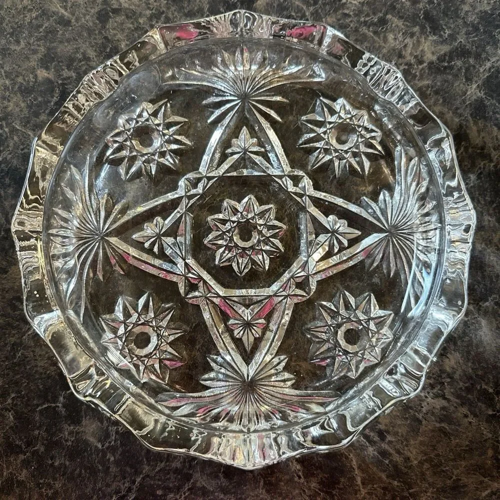 Anchor Hocking Prescut Clear 7.5” Ashtray Pressed Glass USA Star Vintage‎